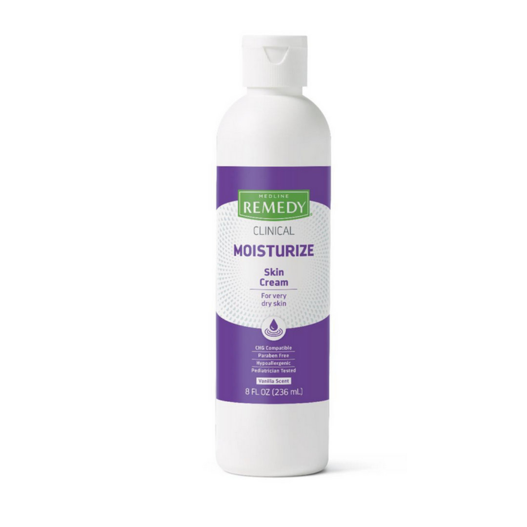 A white bottle of Medline Remedy Clinical Skin Cream - Full Body Lotion with a purple label for very dry skin. This 8 fl oz (236 mL) moisturizer has a flip-top cap and provides long-lasting hydration.